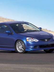 Preview wallpaper acura, rsx, 2004, blue, side view, style, cars, road, motion, mountain