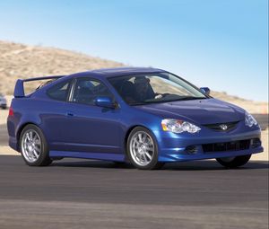 Preview wallpaper acura, rsx, 2004, blue, side view, style, cars, road, motion, mountain