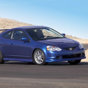 Preview wallpaper acura, rsx, 2004, blue, side view, style, cars, road, motion, mountain