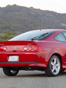 Preview wallpaper acura, rsx, 2006, red, side view, style, cars, mountains, nature, asphalt