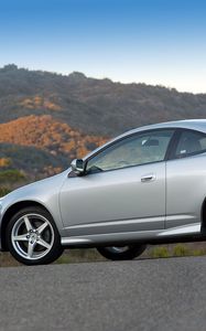 Preview wallpaper acura, rsx, metallic, side view, style, cars, nature, mountains, asphalt