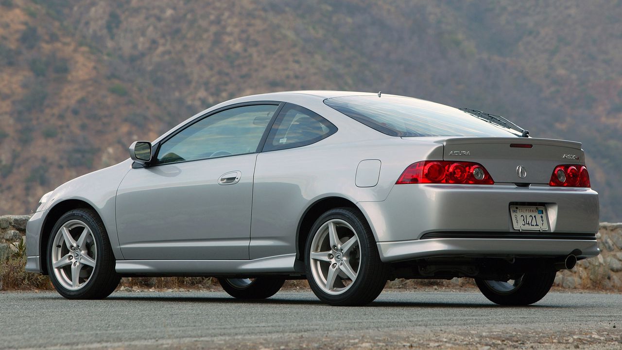 Wallpaper acura, rsx, metallic gray, side view, style, cars, mountains, asphalt