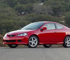 Preview wallpaper acura, rsx, red, side view, style, cars, nature, trees, asphalt