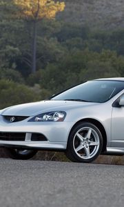 Preview wallpaper acura, rsx, silver metallic, side view, style, cars, forest, nature, asphalt