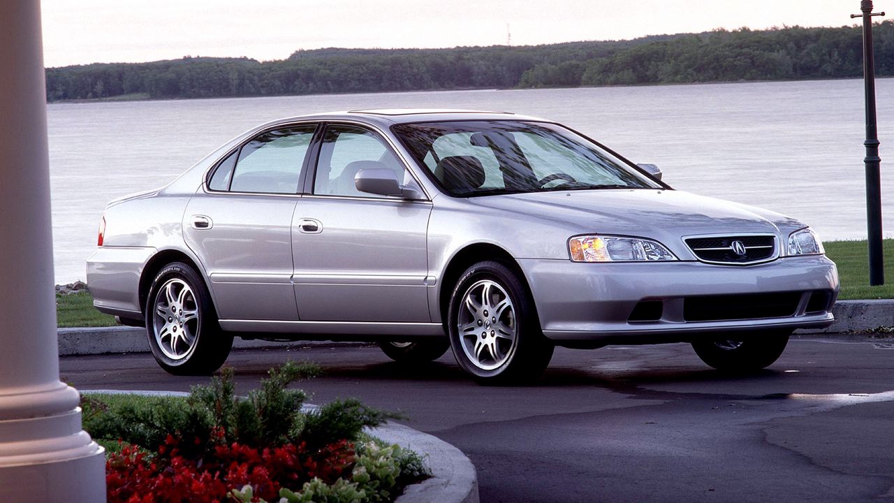 Wallpaper acura, tl, 1999, silver metallic, side view, style, auto, nature, column, flower bed, asphalt, grass, trees, water