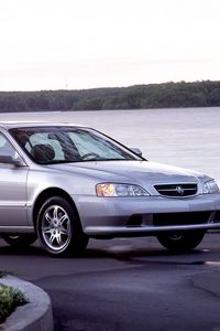 Preview wallpaper acura, tl, 1999, silver metallic, side view, style, auto, nature, column, flower bed, asphalt, grass, trees, water