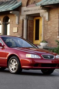 Preview wallpaper acura, tl, 1999, red, side view, style, building, grass, asphalt