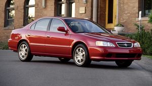 Preview wallpaper acura, tl, 1999, red, side view, style, building, grass, asphalt