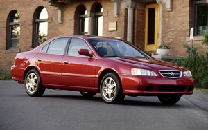 Preview wallpaper acura, tl, 1999, red, side view, style, building, grass, asphalt