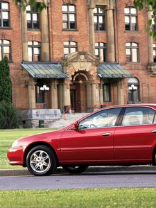 Preview wallpaper acura, tl, 1999, red, side view, style, cars, buildings, lawns, shrubs