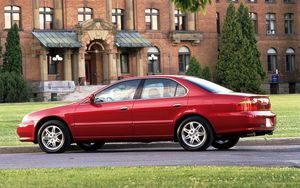 Preview wallpaper acura, tl, 1999, red, side view, style, cars, buildings, lawns, shrubs