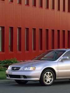 Preview wallpaper acura, tl, 1999, silver metallic, side view, style, cars, buildings, grass, asphalt