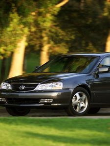 Preview wallpaper acura, tl, 2002, black, side view, style, cars, nature, trees, grass