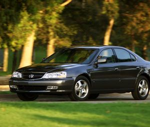 Preview wallpaper acura, tl, 2002, black, side view, style, cars, nature, trees, grass