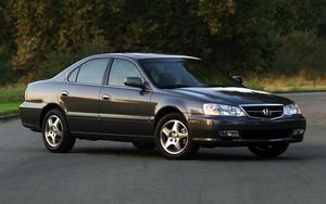 Preview wallpaper acura, tl, 2002, black, side view, style, cars, grass, trees, asphalt