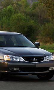 Preview wallpaper acura, tl, 2002, black, front view, style, cars, nature, grass, shrubs, trees, asphalt