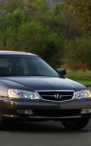 Preview wallpaper acura, tl, 2002, black, front view, style, cars, nature, grass, shrubs, trees, asphalt