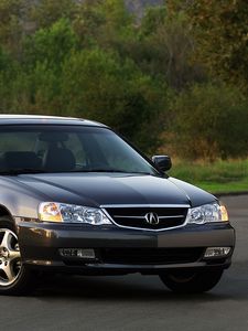 Preview wallpaper acura, tl, 2002, black, front view, style, cars, nature, grass, shrubs, trees, asphalt