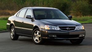 Preview wallpaper acura, tl, 2002, black, front view, style, cars, nature, grass, shrubs, trees, asphalt