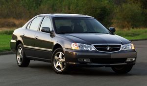 Preview wallpaper acura, tl, 2002, black, front view, style, cars, nature, grass, shrubs, trees, asphalt