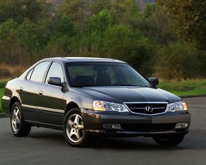 Preview wallpaper acura, tl, 2002, black, front view, style, cars, nature, grass, shrubs, trees, asphalt