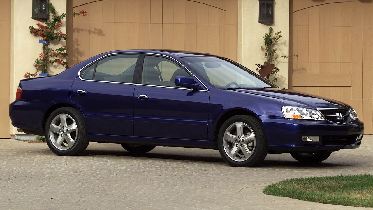 Wallpaper acura, tl, 2002, blue, side view, style, cars, buildings, grass, asphalt