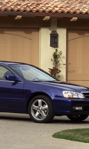 Preview wallpaper acura, tl, 2002, blue, side view, style, cars, buildings, grass, asphalt