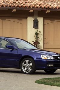 Preview wallpaper acura, tl, 2002, blue, side view, style, cars, buildings, grass, asphalt