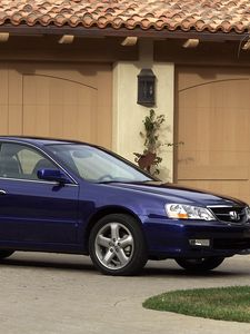 Preview wallpaper acura, tl, 2002, blue, side view, style, cars, buildings, grass, asphalt