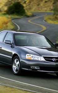 Preview wallpaper acura, tl, 2002, blue, front view, style, cars, nature, shrubs, grass, trees, highway