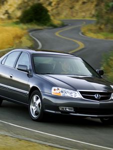 Preview wallpaper acura, tl, 2002, blue, front view, style, cars, nature, shrubs, grass, trees, highway