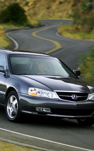 Preview wallpaper acura, tl, 2002, blue, front view, style, cars, nature, shrubs, grass, trees, highway