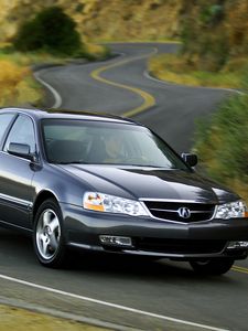 Preview wallpaper acura, tl, 2002, blue, front view, style, cars, nature, shrubs, grass, trees, highway