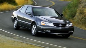 Preview wallpaper acura, tl, 2002, blue, front view, style, cars, nature, shrubs, grass, trees, highway