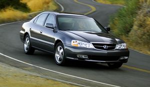 Preview wallpaper acura, tl, 2002, blue, front view, style, cars, nature, shrubs, grass, trees, highway