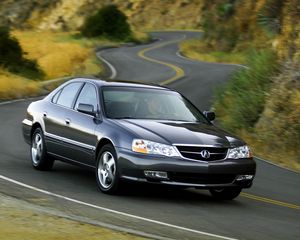 Preview wallpaper acura, tl, 2002, blue, front view, style, cars, nature, shrubs, grass, trees, highway