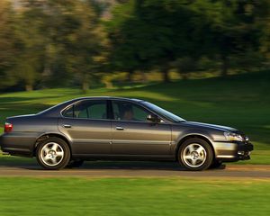 Preview wallpaper acura, tl, 2002, blue, side view, style, cars, speed, nature, trees, grass
