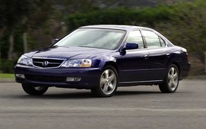 Preview wallpaper acura, tl, 2002, blue, front view, style, cars, trees, grass, asphalt