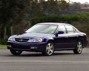 Preview wallpaper acura, tl, 2002, blue, front view, style, cars, trees, grass, asphalt