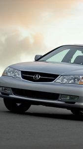 Preview wallpaper acura, tl, 2002, metallic white, front view, style, cars, clouds, bushes