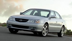 Preview wallpaper acura, tl, 2002, metallic white, front view, style, cars, clouds, bushes
