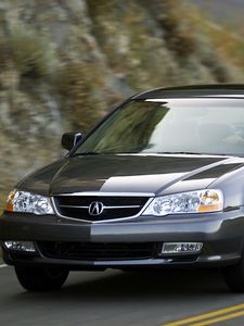 Preview wallpaper acura, tl, 2002, blue, front view, style, cars, mountains, asphalt