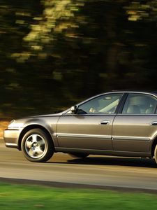 Preview wallpaper acura, tl, 2002, gray, side view, style, cars, speed, grass, trees