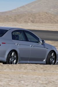 Preview wallpaper acura, tl, 2004, silver metallic, side view, style, cars, mountains, asphalt