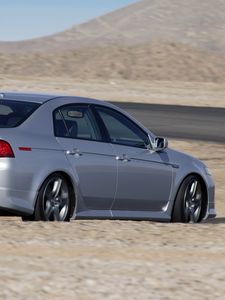 Preview wallpaper acura, tl, 2004, silver metallic, side view, style, cars, mountains, asphalt