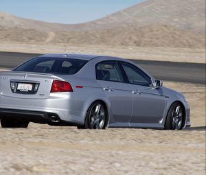 Preview wallpaper acura, tl, 2004, silver metallic, side view, style, cars, mountains, asphalt