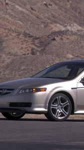 Preview wallpaper acura, tl, 2004, silver metallic, side view, style, cars, mountains, asphalt