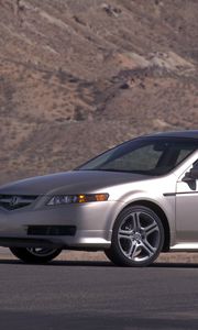 Preview wallpaper acura, tl, 2004, silver metallic, side view, style, cars, mountains, asphalt