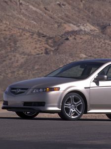 Preview wallpaper acura, tl, 2004, silver metallic, side view, style, cars, mountains, asphalt