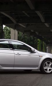 Preview wallpaper acura, tl, 2004, silver metallic, side view, style, cars, bridges, trees, asphalt